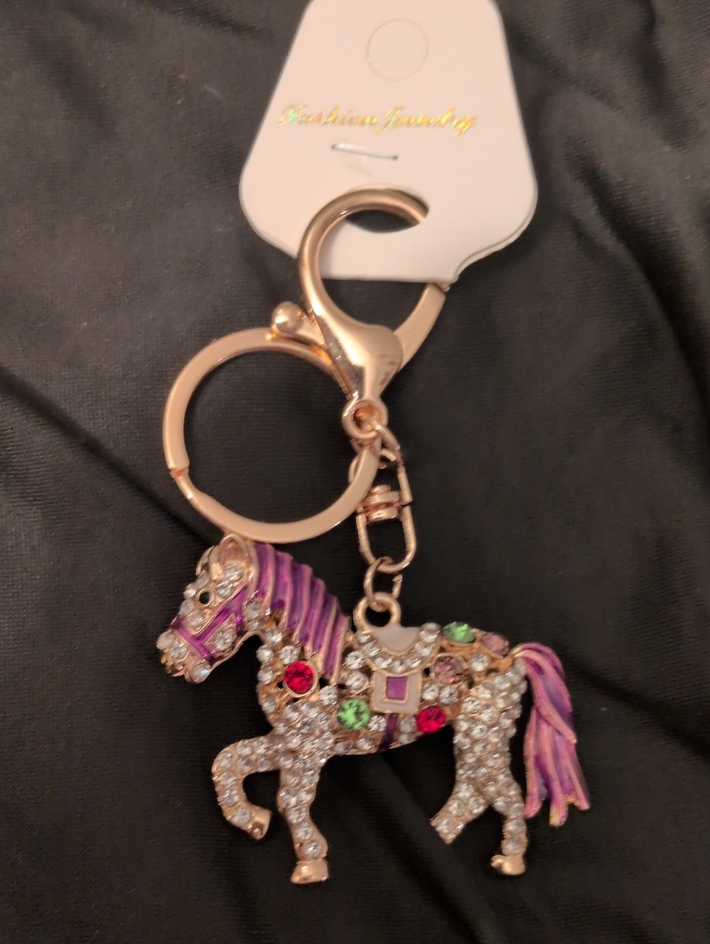 Gold-Tone Purple Crystal Horse Keychain - Fashion Jewelry